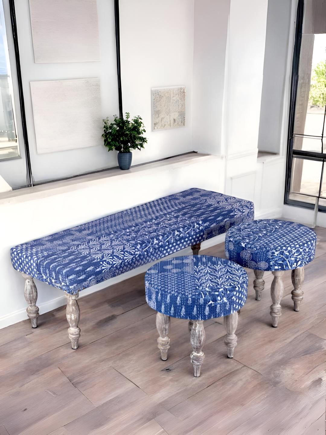 Ikiriya Blue & White3+1+1 Seat Bench Set with 2 Stools