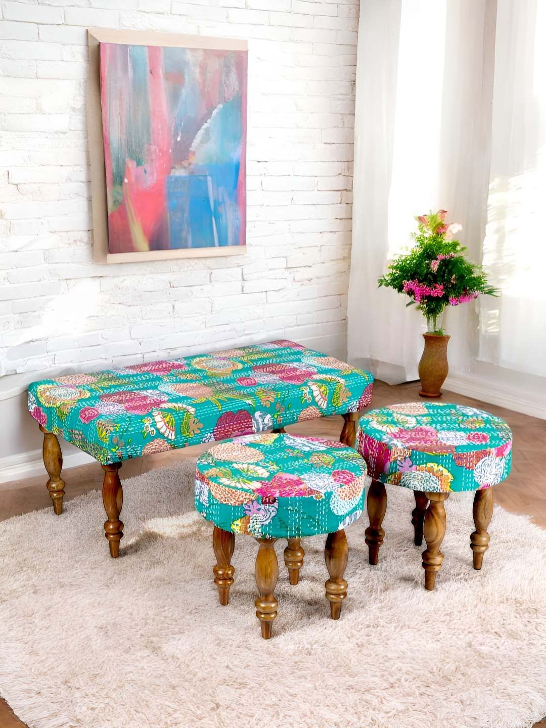 Ikiriya Sea Green & Pink Wood Mid Century 3 Seater Bench Set with 2 Stools
