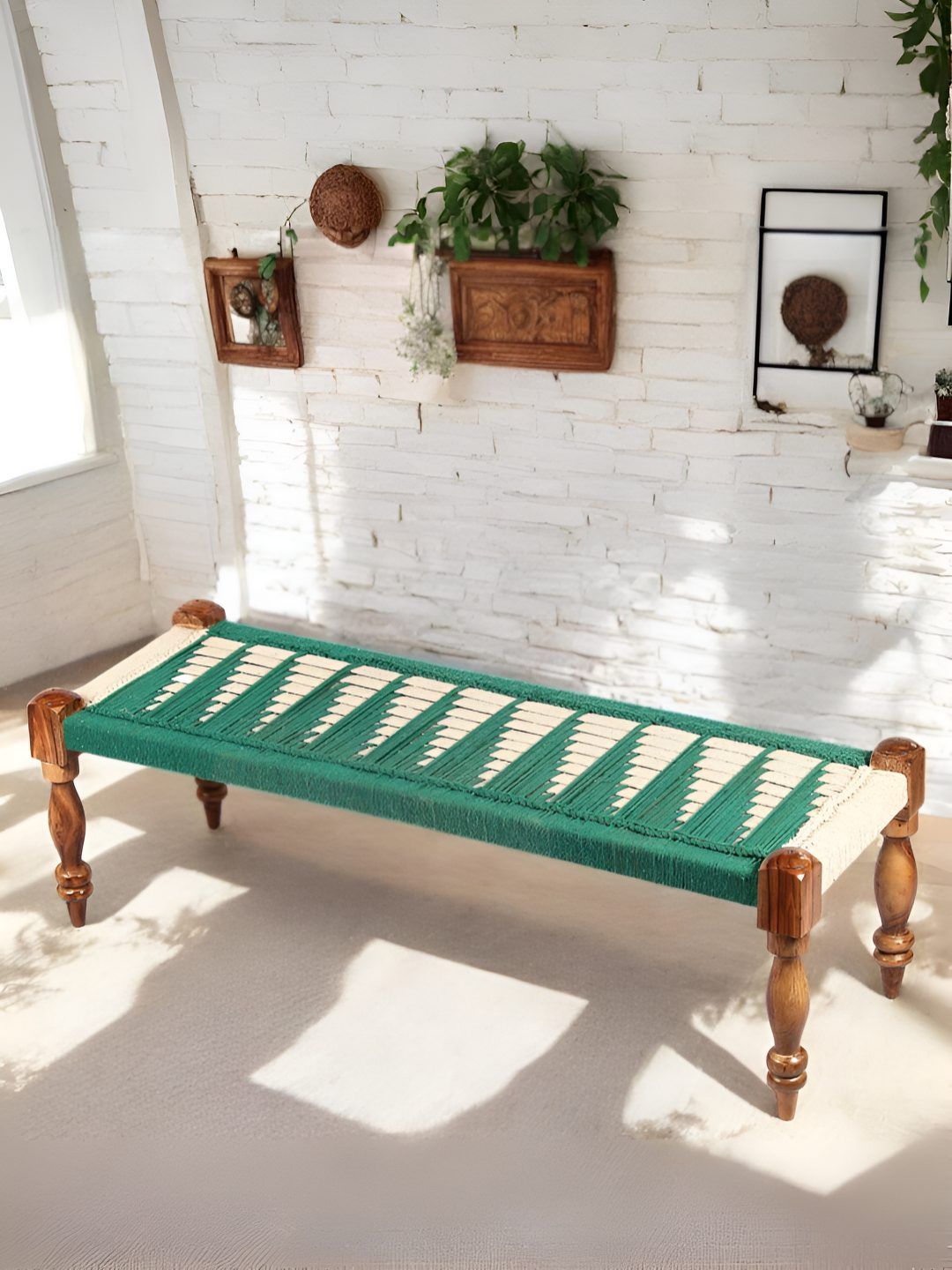 Ikiriya Green & White 3 Seater Maachi Bench With Rope Canning