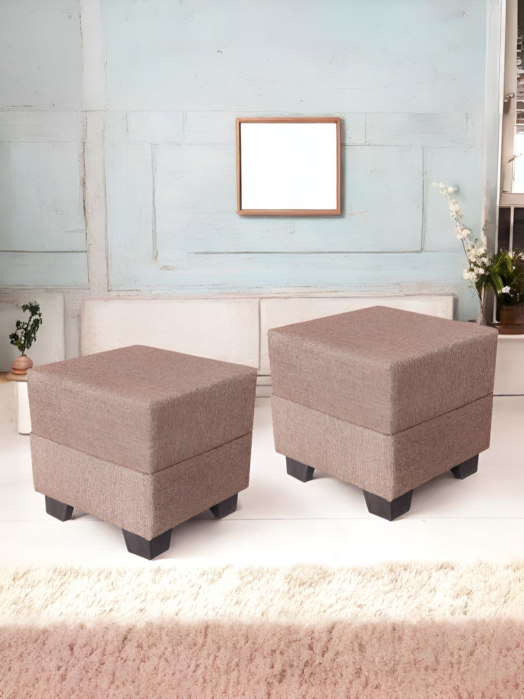 Ikiriya 2-Pcs Beige Wooden Square Ottomans