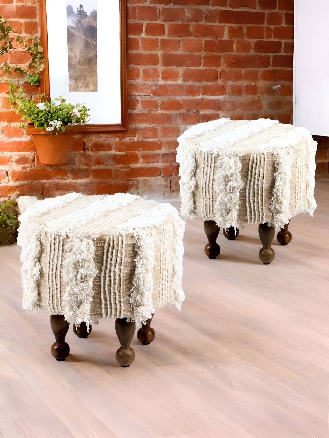 Ikiriya 2-Pcs Beige Fringed Wooden Cotton Round Ottomans-image-27