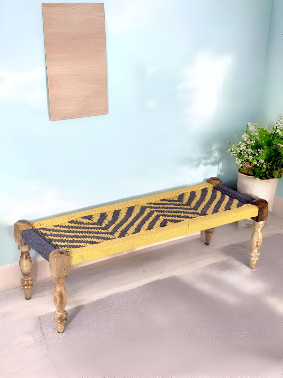 Ikiriya Yellow & Purple Wooden 3 Seater Bench Rope Canning