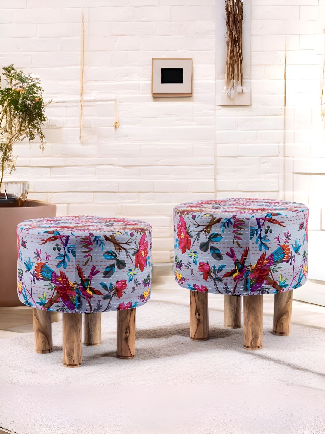 Ikiriya 2-Pcs Grey & Pink Embroidered Round Ottomans-picture-15