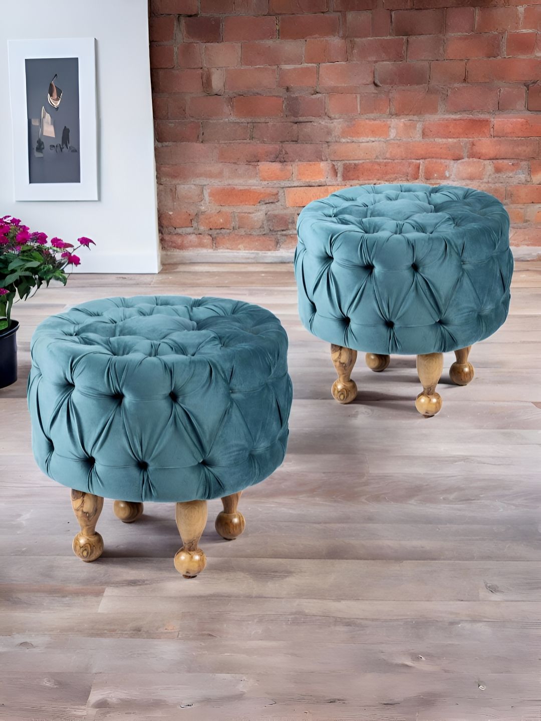 Ikiriya 2-Pcs Blue & Brown Cylindrical Ottoman