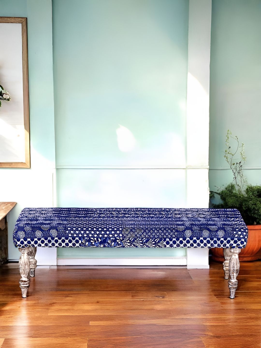 Ikiriya Blue & White Wooden 3 Seater Printed Bench