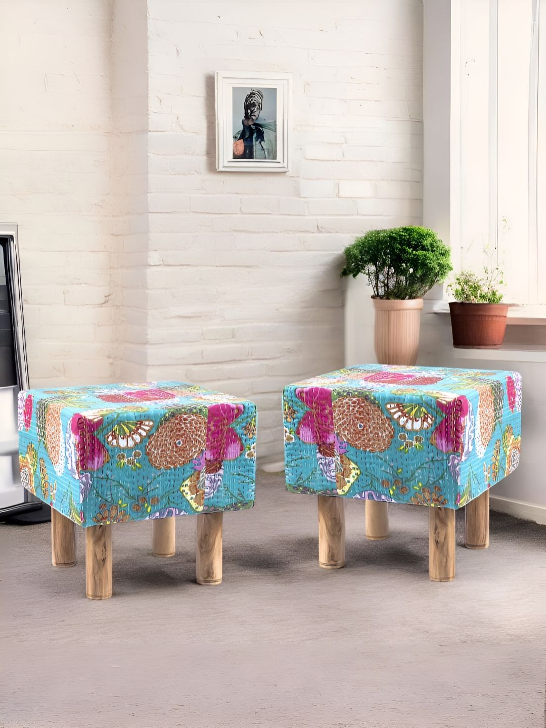 Ikiriya 2-Pcs Sea-Green & Pink Printed Wooden Square Ottomans