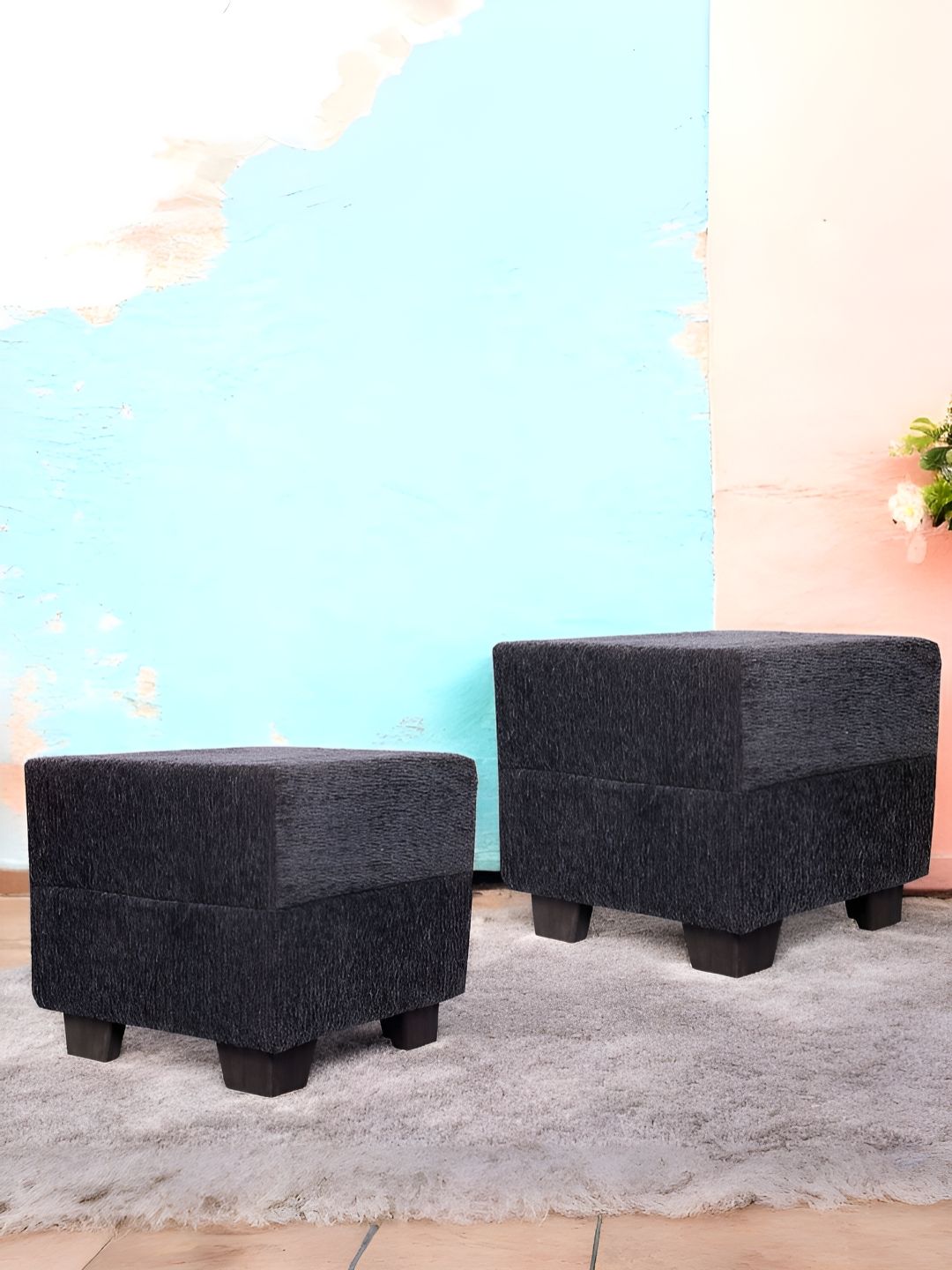 Ikiriya 2-Pcs Grey Wooden Square Ottomans