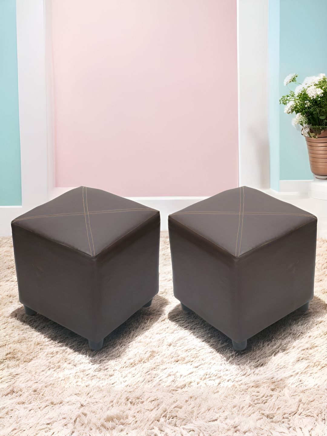 Ikiriya 2-Pcs Brown Wooden Square Ottomans