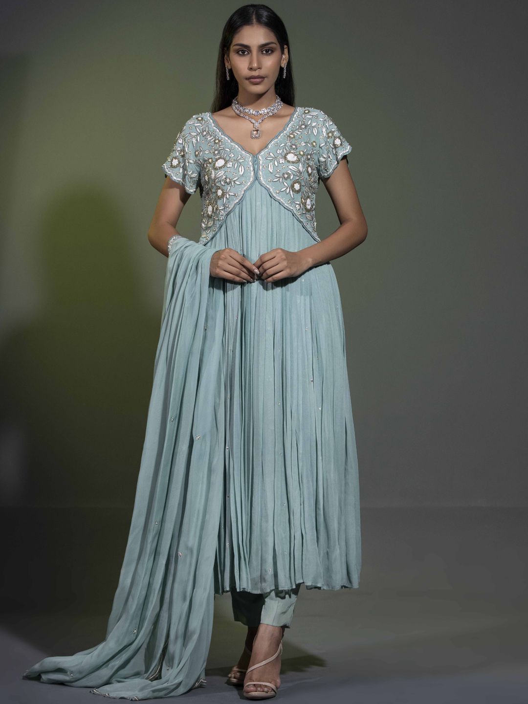 SHWETA DABAS Women Ethnic Motifs Yoke Design Empire Zardozi Silk Crepe Kurta with Trousers & With Dupatta-picture-58