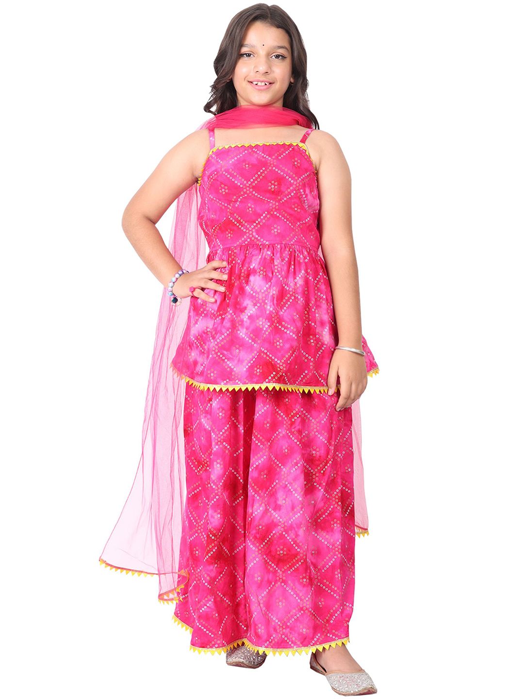 SILK SPARROW Girls Bandhani Printed Panelled Gotta Patti Kurta with Palazzos & With Dupatta-picture-54