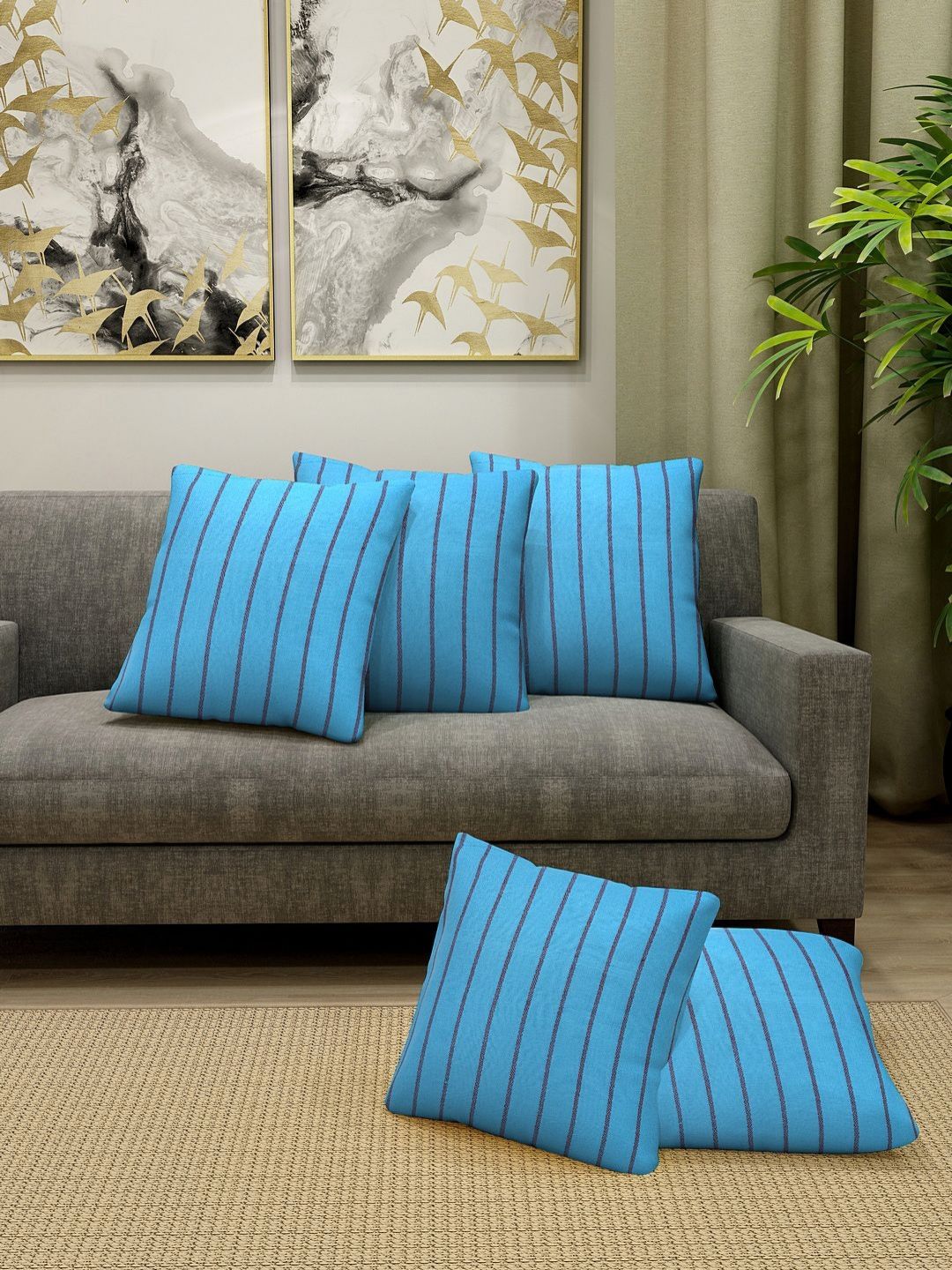 Aura Blue & Black 5 Pieces Striped Square Cotton Cushion Covers-image-28