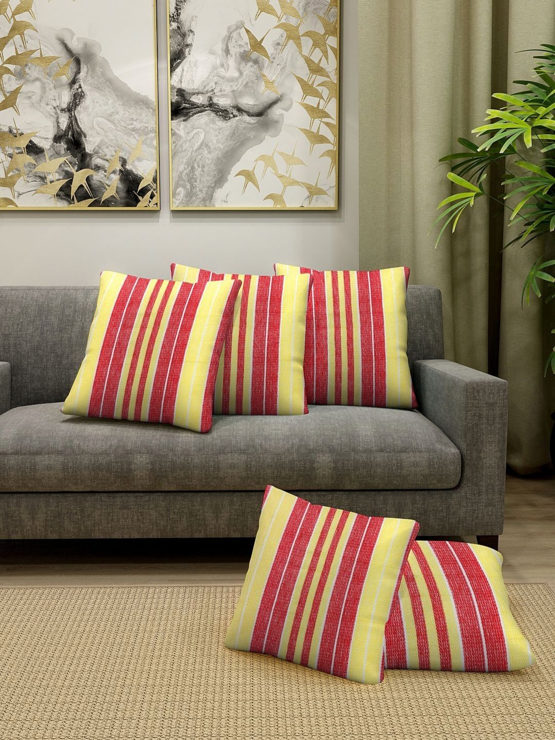 Aura Red & Yellow 5 Pieces Striped Square Cotton Cushion Covers-picture-13
