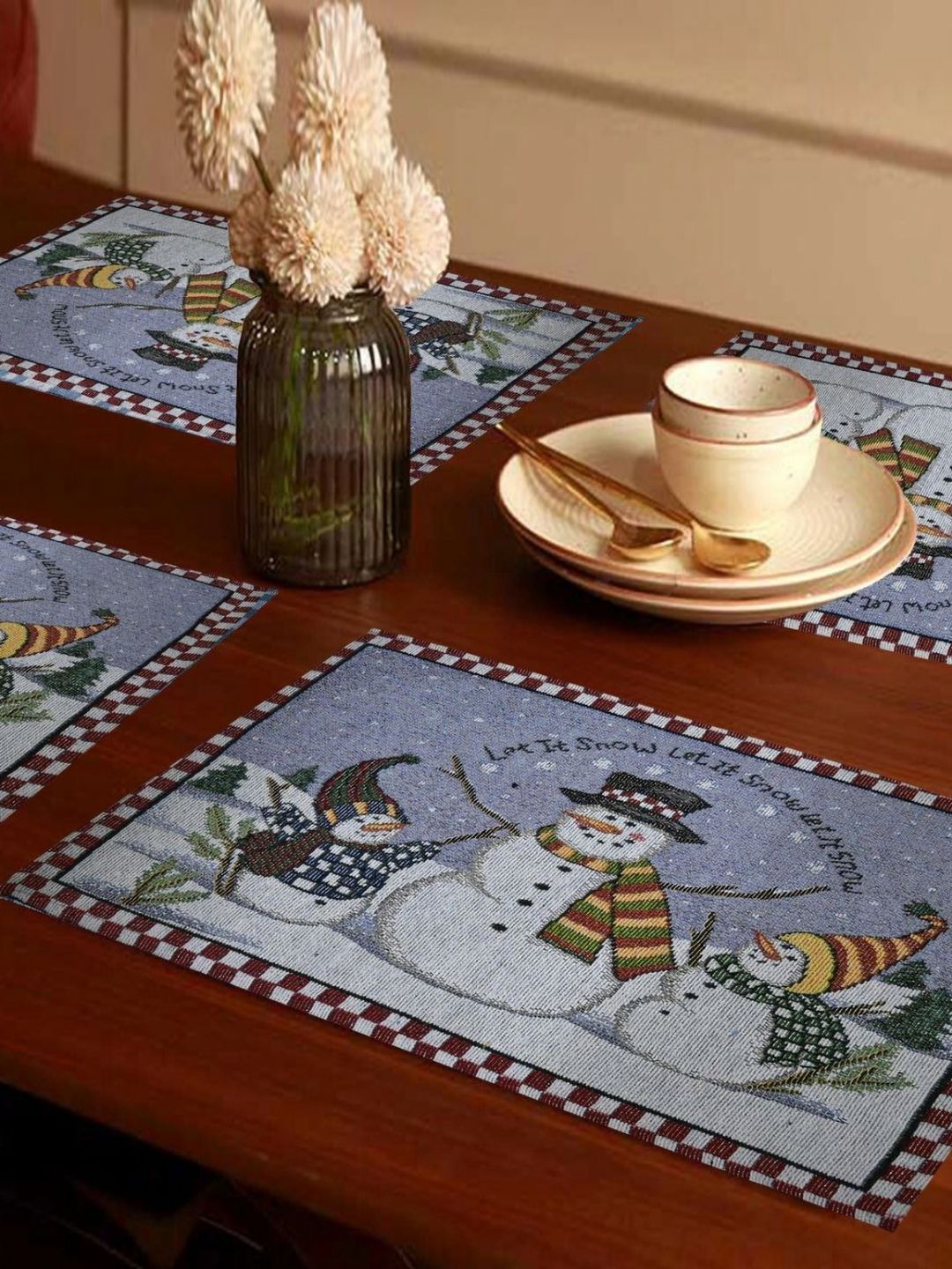 PRAKARTIK 4-Pcs Blue & Yellow Embroidered Cotton Dining Table Mats-picture-23