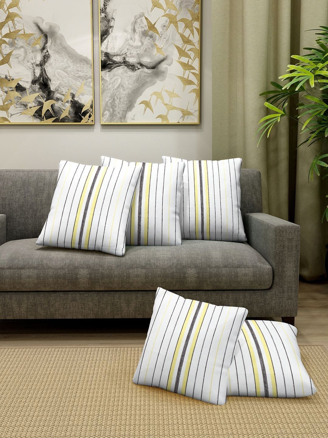 Aura White & Yellow 5 Pieces Striped Square Cotton Cushion Covers-picture-39