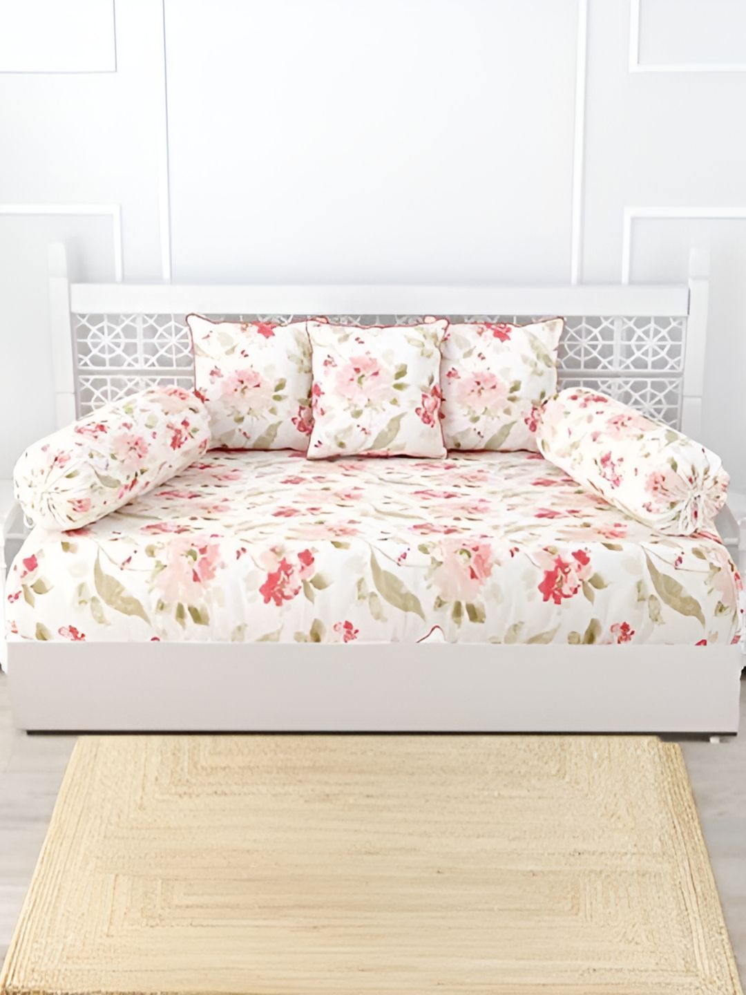 Trance Home Linen 6-Pcs White & Pink Printed Cotton Diwan Set-picture-18