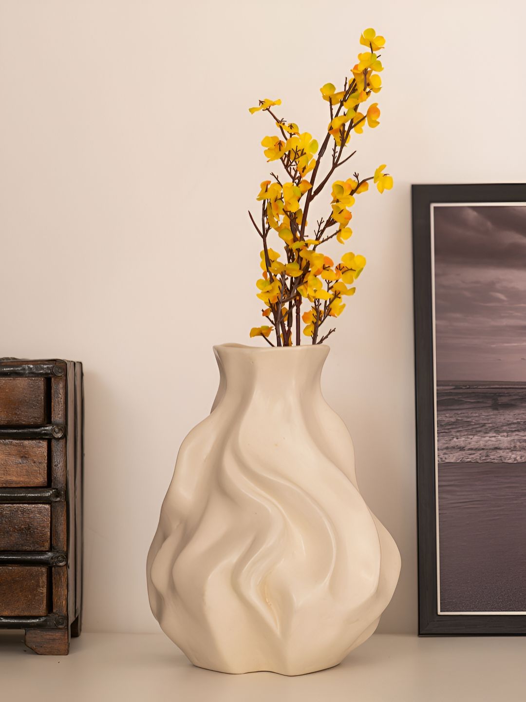 Glimpse Homes Off-White Ceramic Whispering Waves Vase-picture-11