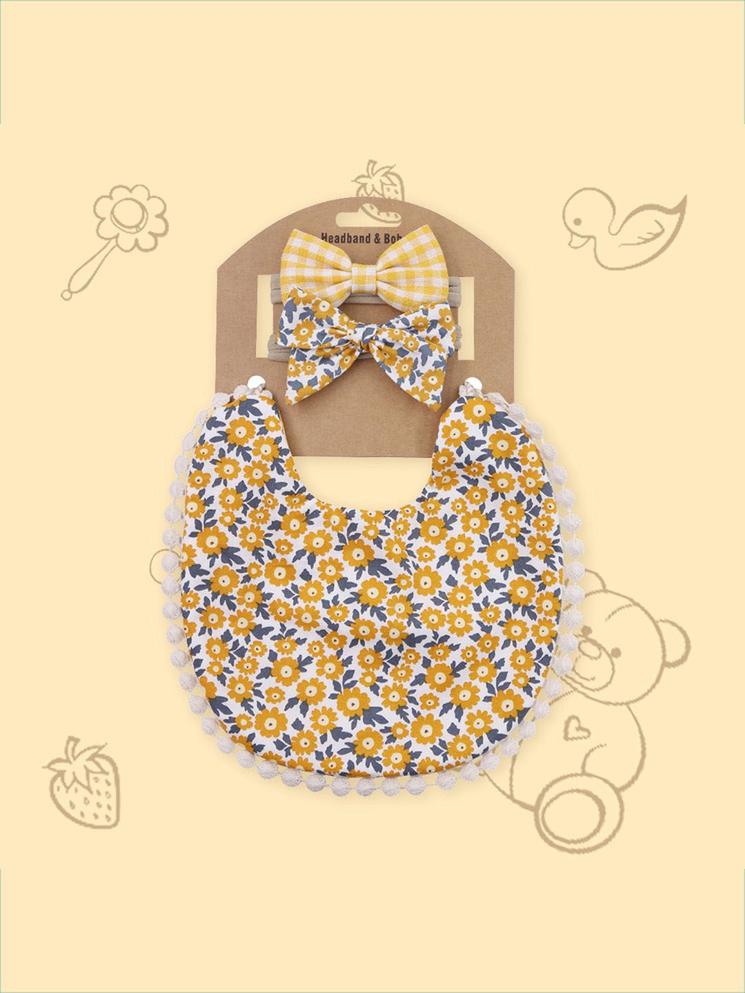 Polka Tots Infant Girls Printed Cotton Bow, Headband With Bib