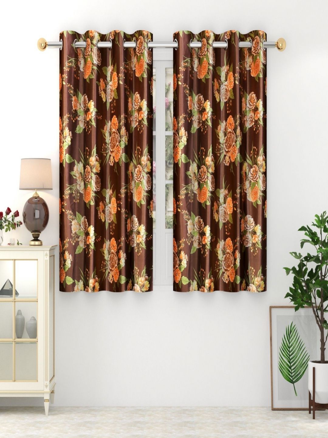 Aura Coffee Brown & Green Set of 2 Floral Room Darkening Window Curtain-picture-27