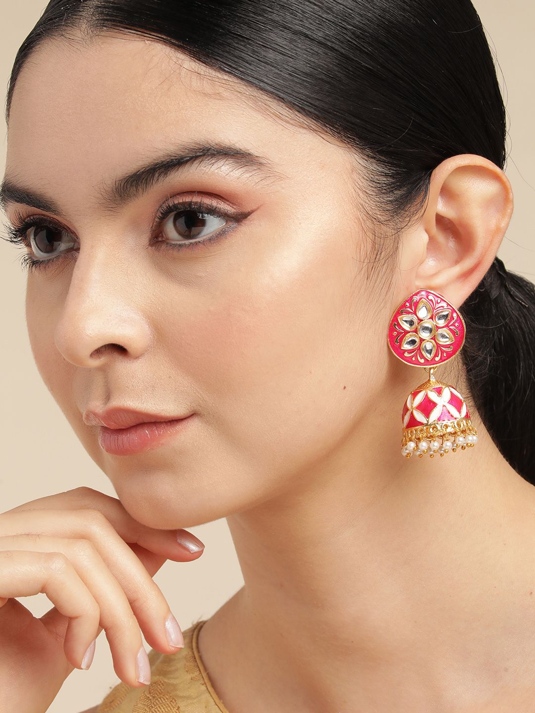 Anouk Gold Plated Artificial Stones and Beads Meenakari Dome Shaped Jhumkas Earrings-image-12