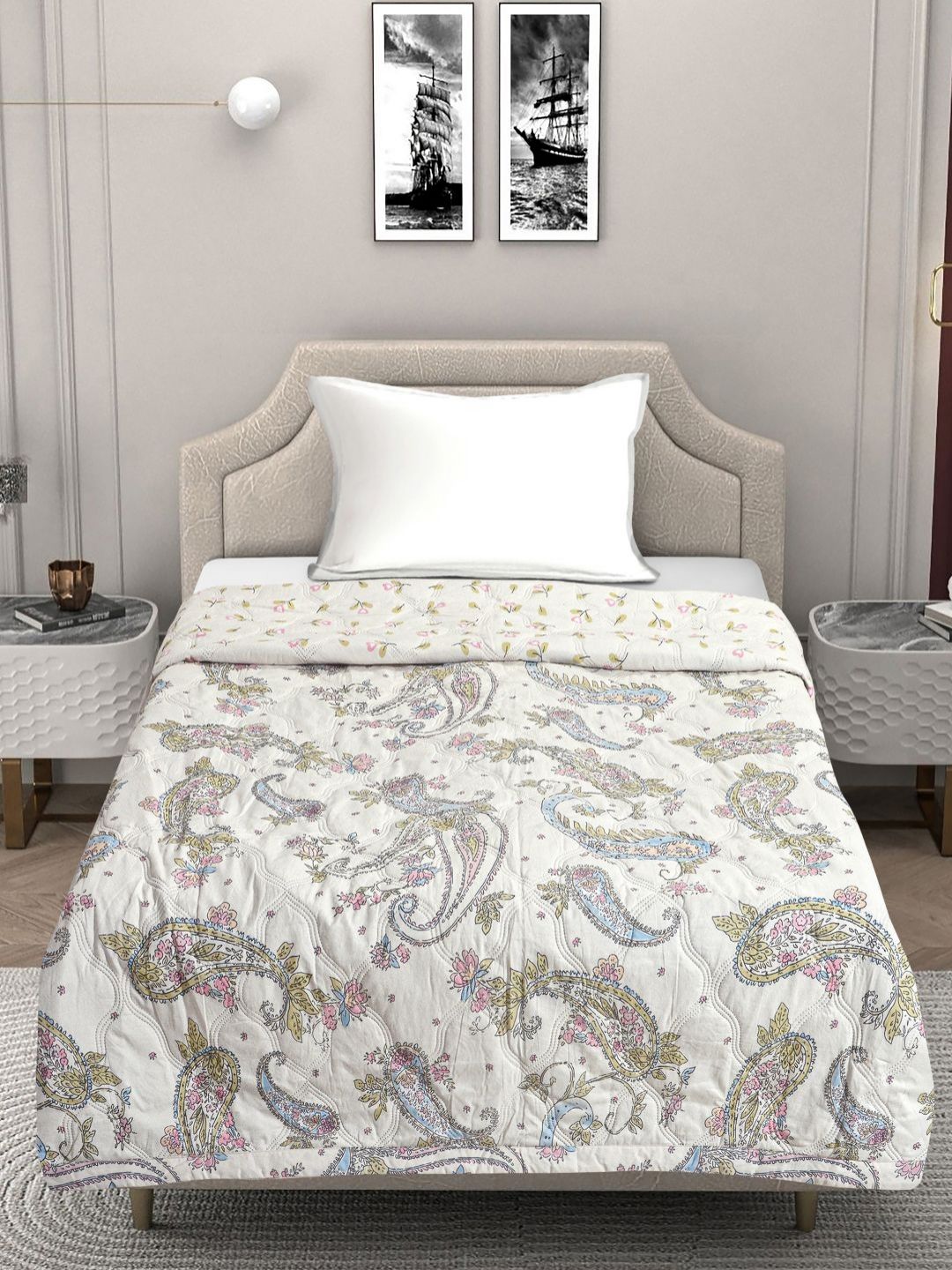 FABINALIV Off White & Brown Floral Mild Winter 350 GSM Single Bed Comforter-picture-12
