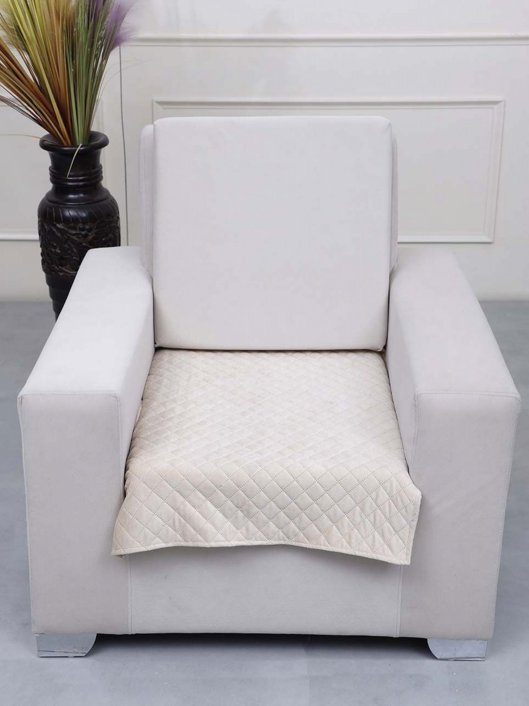 AAZEEM Cream-Coloured Solid Velvet 1 Piece Sofa Cover-picture-22