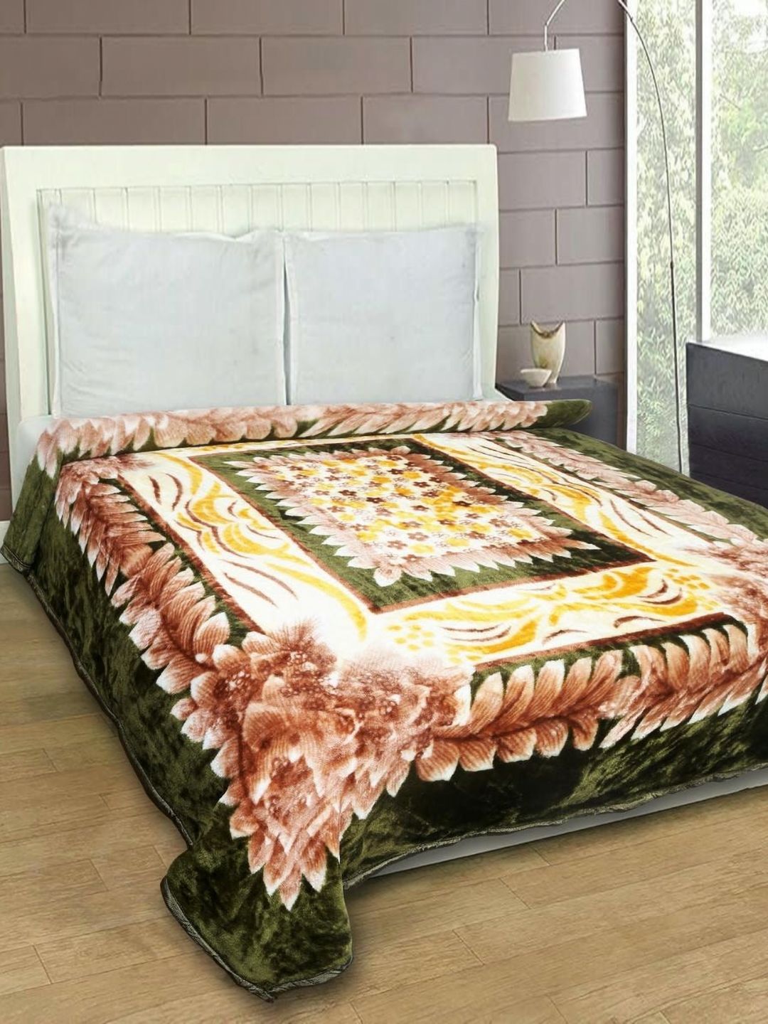 MAGICAL Brown & Green Floral Mink 400 GSM Double Bed Blanket-image-43