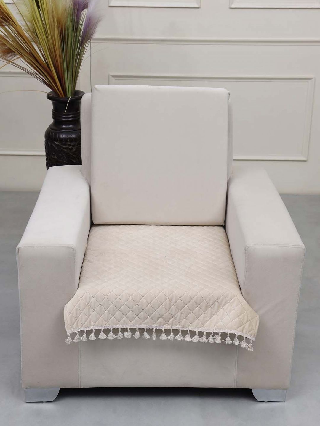 AAZEEM Cream-Coloured Solid Velvet 1 Piece Sofa Cover-image-47