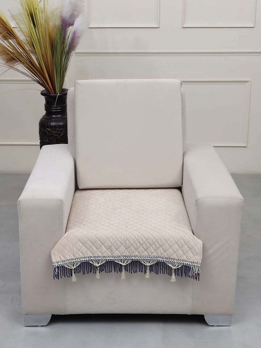 AAZEEM Cream-Coloured Solid Velvet 1 Piece Sofa Cover-picture-31