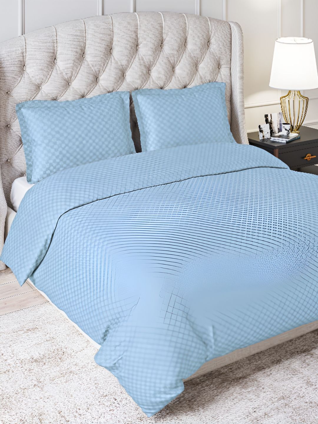 Trance Home Linen Pure Cotton Zippered Check Single Duvet Cover with 2 Pillow Covers 300TC-picture-12