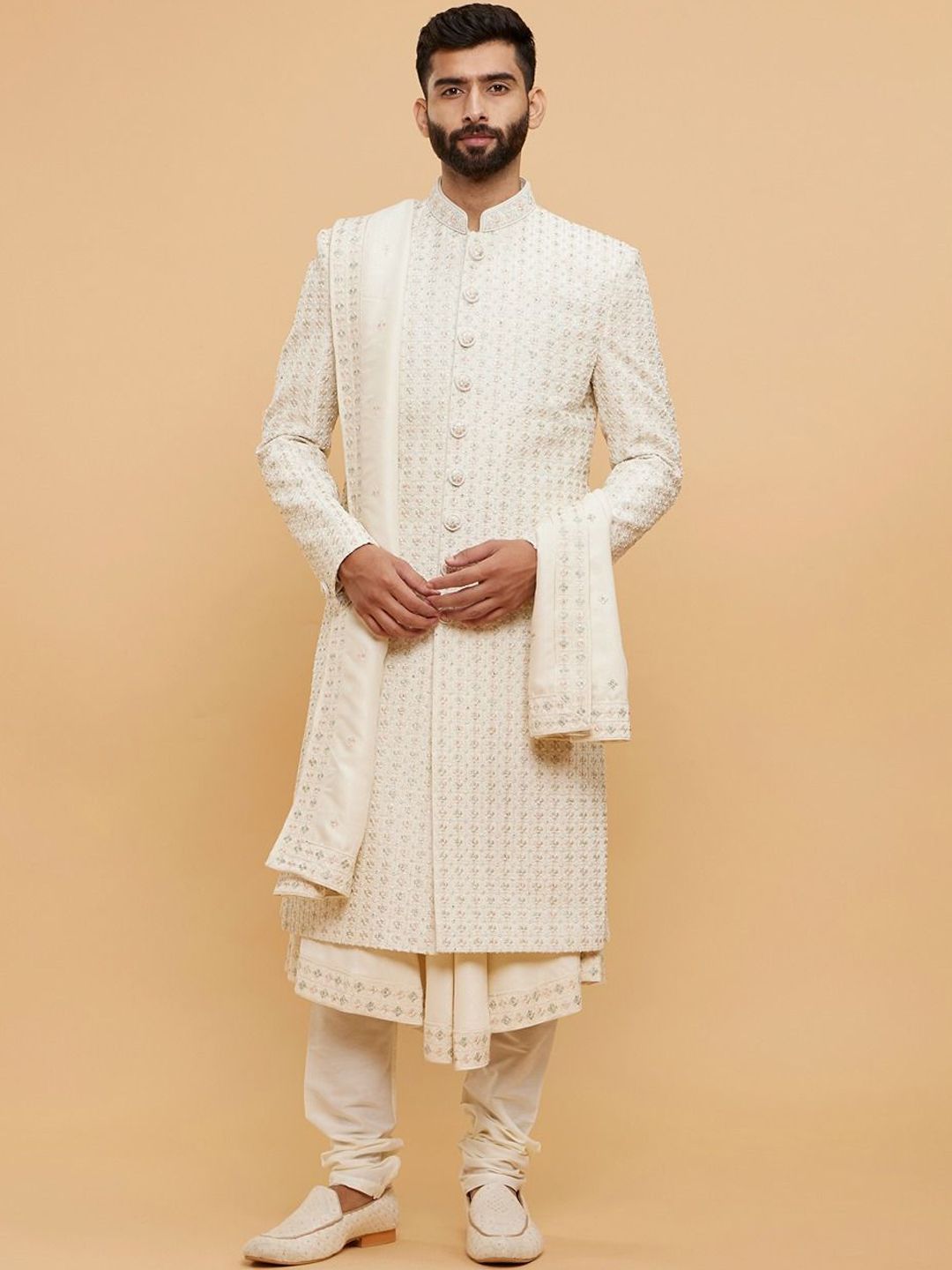 Twamev Embroidered Moti Work & Thread Work Mandarin Collar Sherwani Set-picture-14
