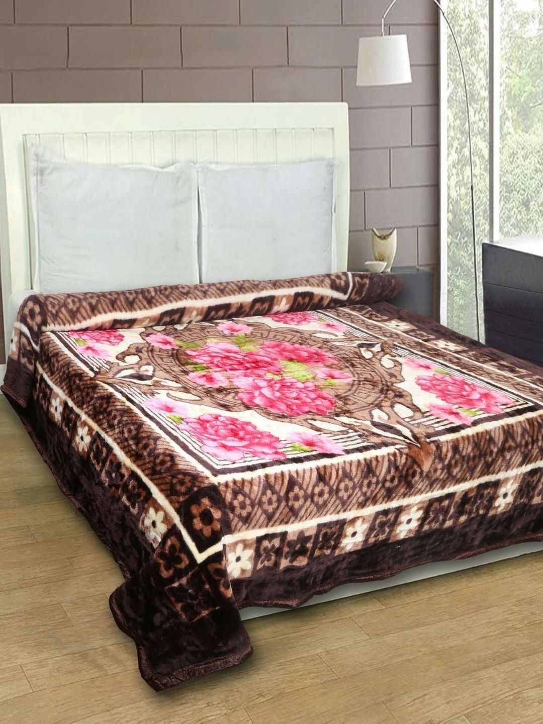 MAGICAL Brown & Pink Floral Mink 400 GSM Double Bed Blanket-image-23