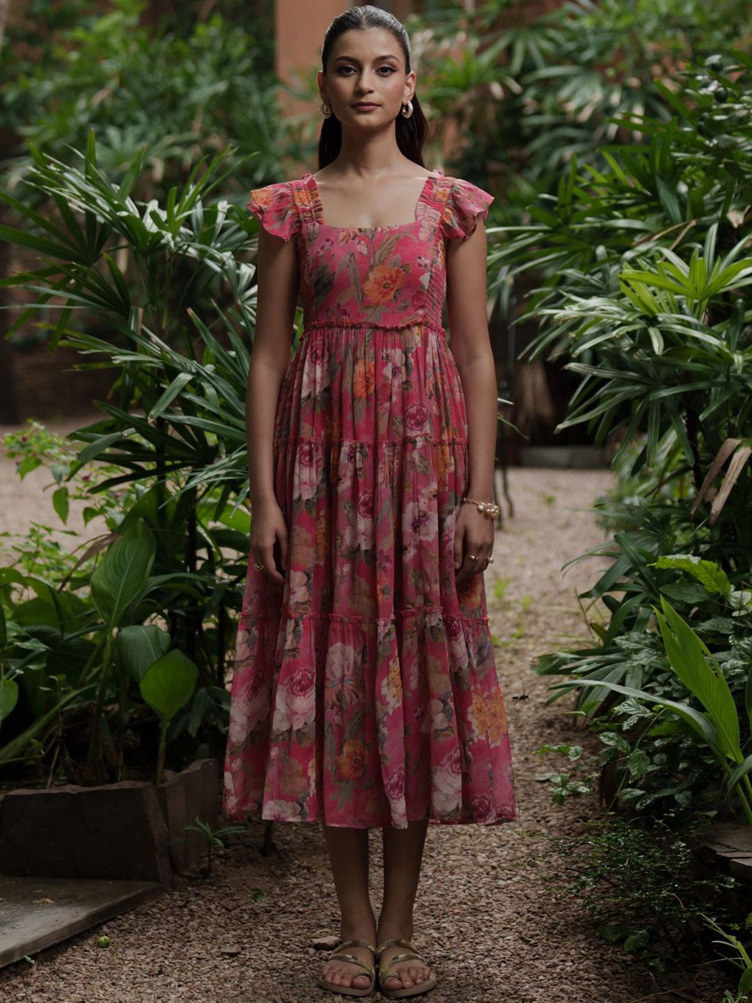 anayna Women Floral Printed Flared Midi Dress