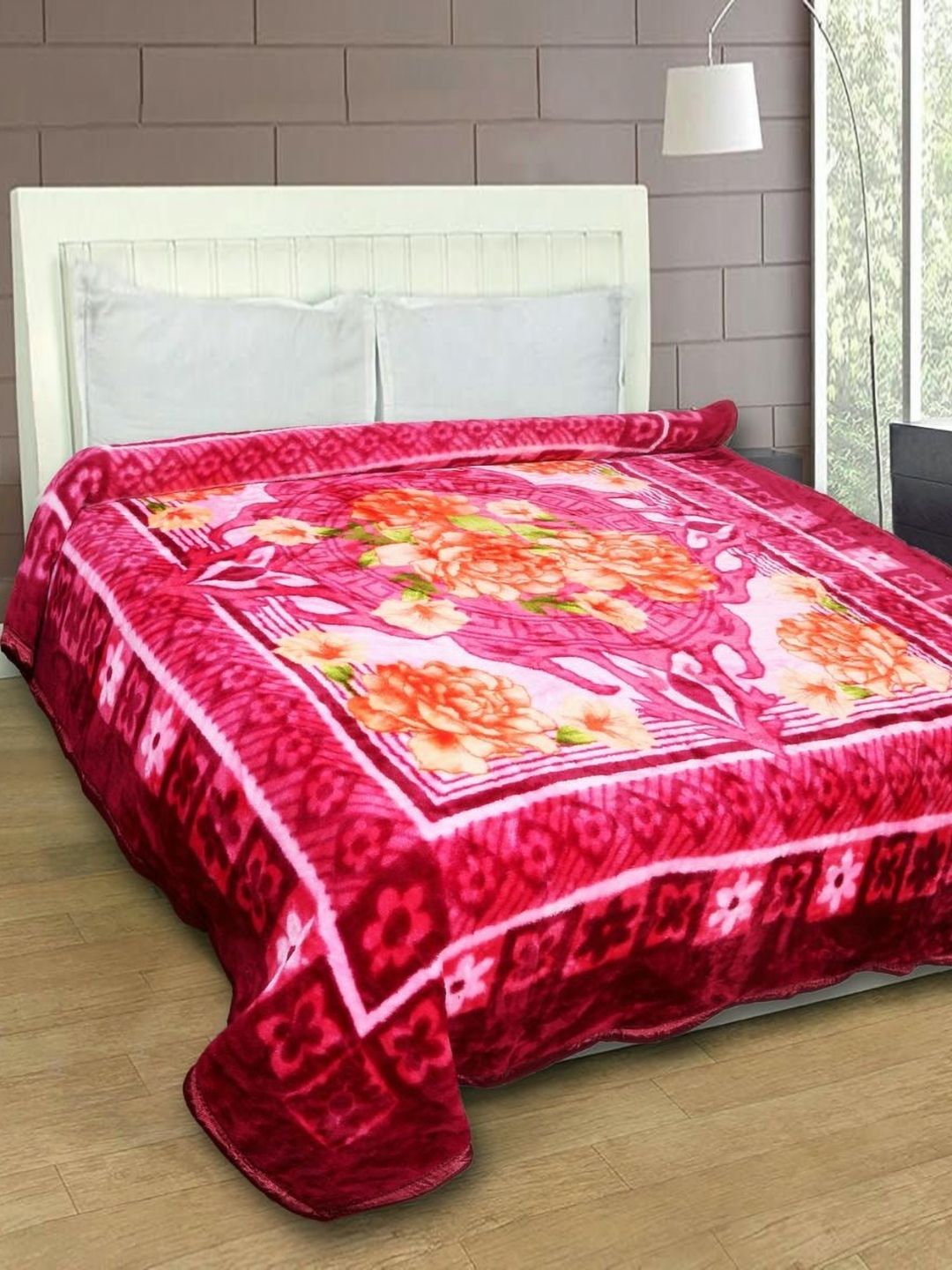 MAGICAL Pink & Orange Floral Mink 400 GSM Double Bed Blanket-image-14