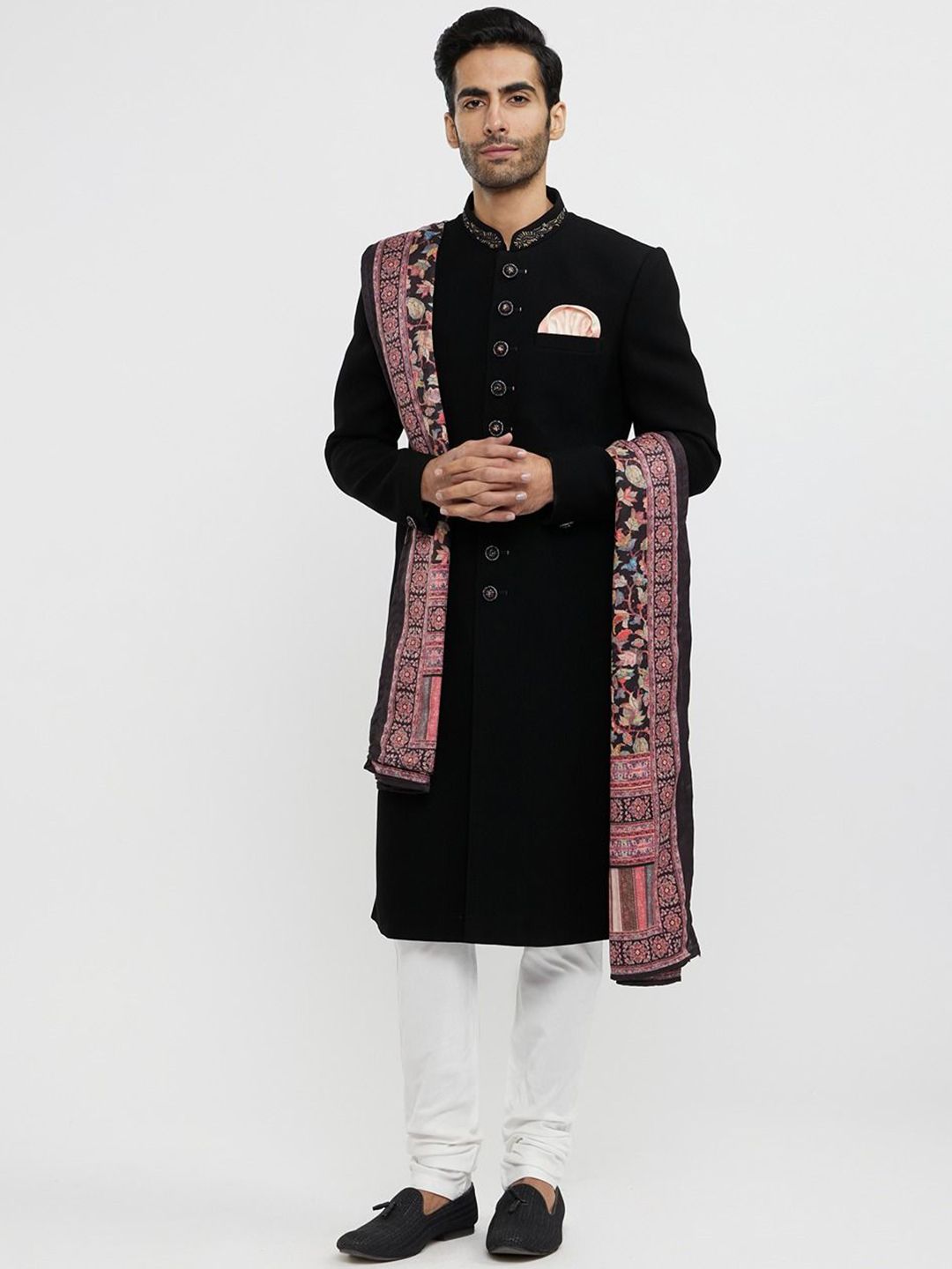 Twamev Men Black Blended Thread Embroidery Indo Western Set-image-24