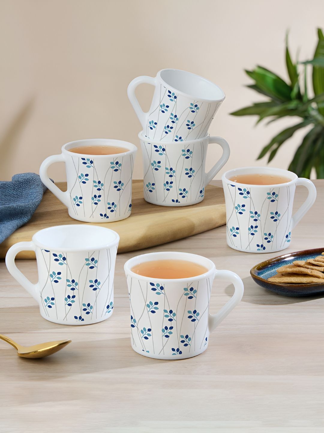 Larah by BOROSIL White & Blue Floral Printed Opalware Matte Mugs Set of Cups and Mugs-image-27
