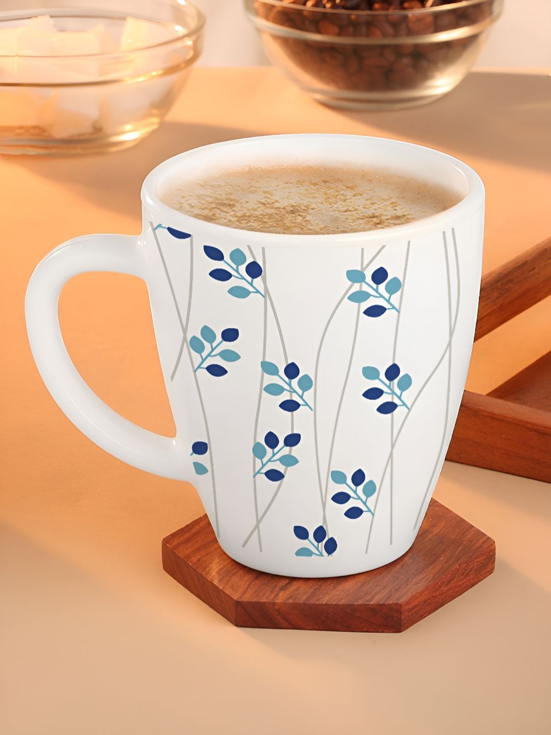 Larah by BOROSIL White & Blue Printed Opalware Glossy Mugs Set of Cups and Mugs-image-29