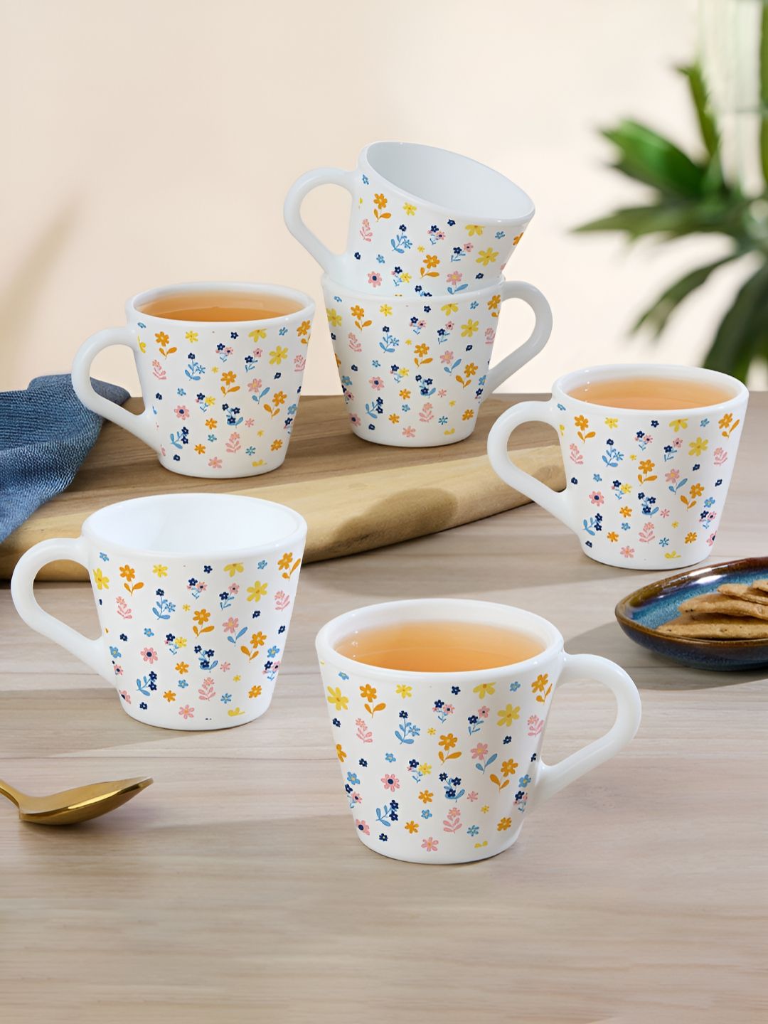 Larah by BOROSIL White & Blue Floral Printed Opalware Matte Mugs Set of Cups and Mugs-picture-35