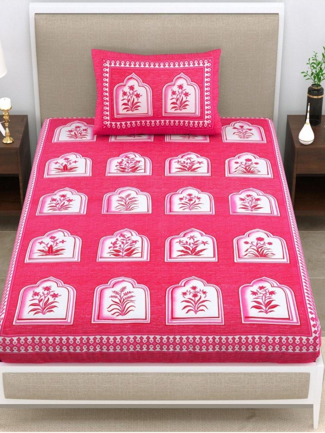 UNIQCHOICE Pink & White Floral Printed Cotton 120 TC Single Bedsheet Set 2.25 m x 1.5 m-picture-12