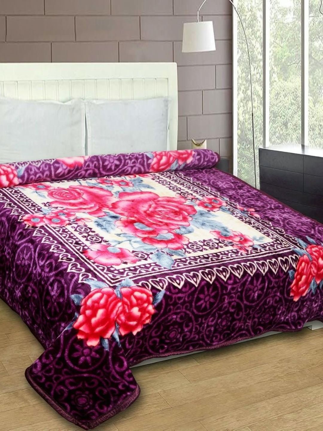 MAGICAL Purple & White Floral Mink 400 GSM Double Bed Blanket-picture-48