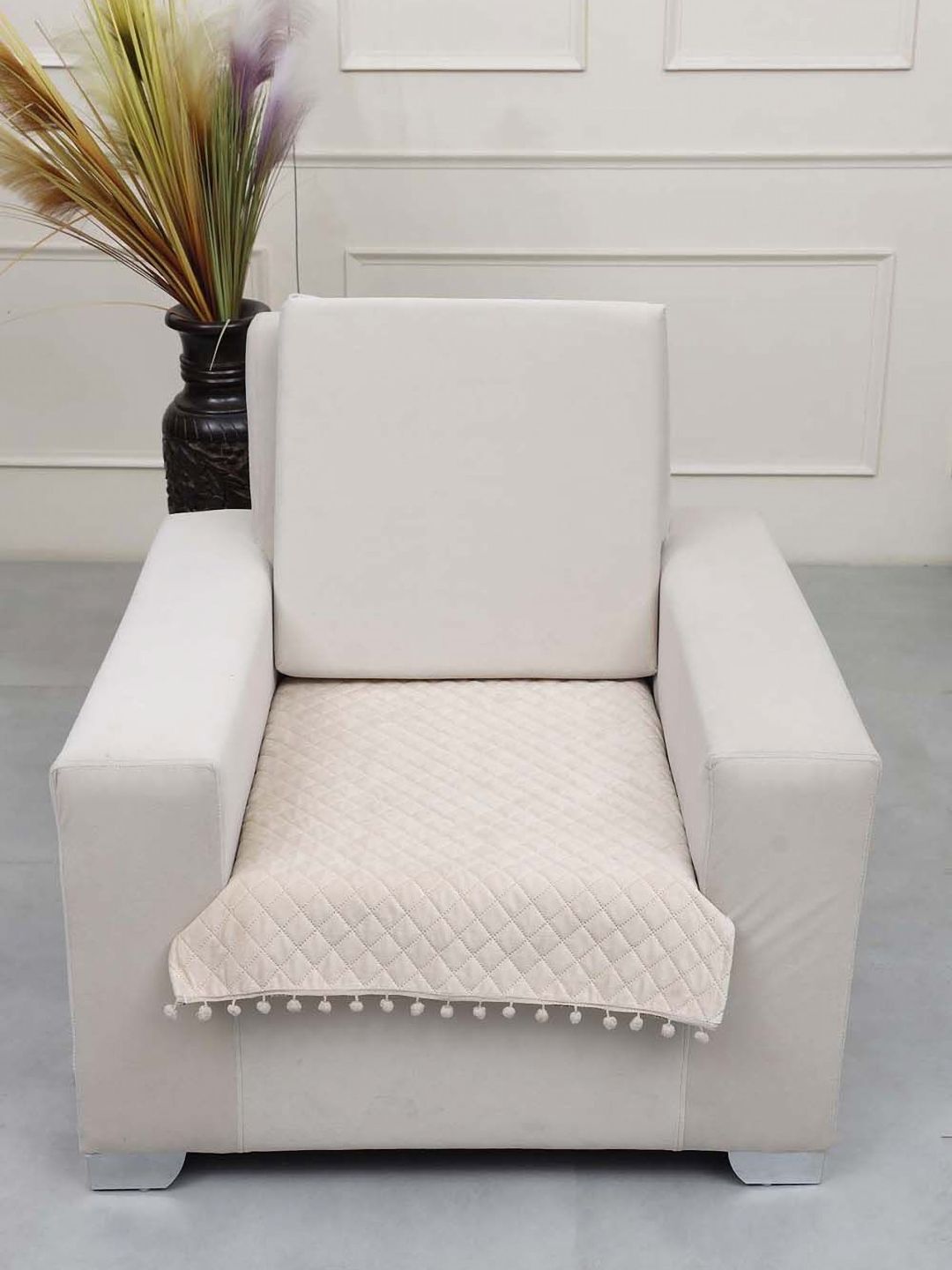 AAZEEM Cream-Coloured Solid Velvet 1 Piece Sofa Cover-image-48