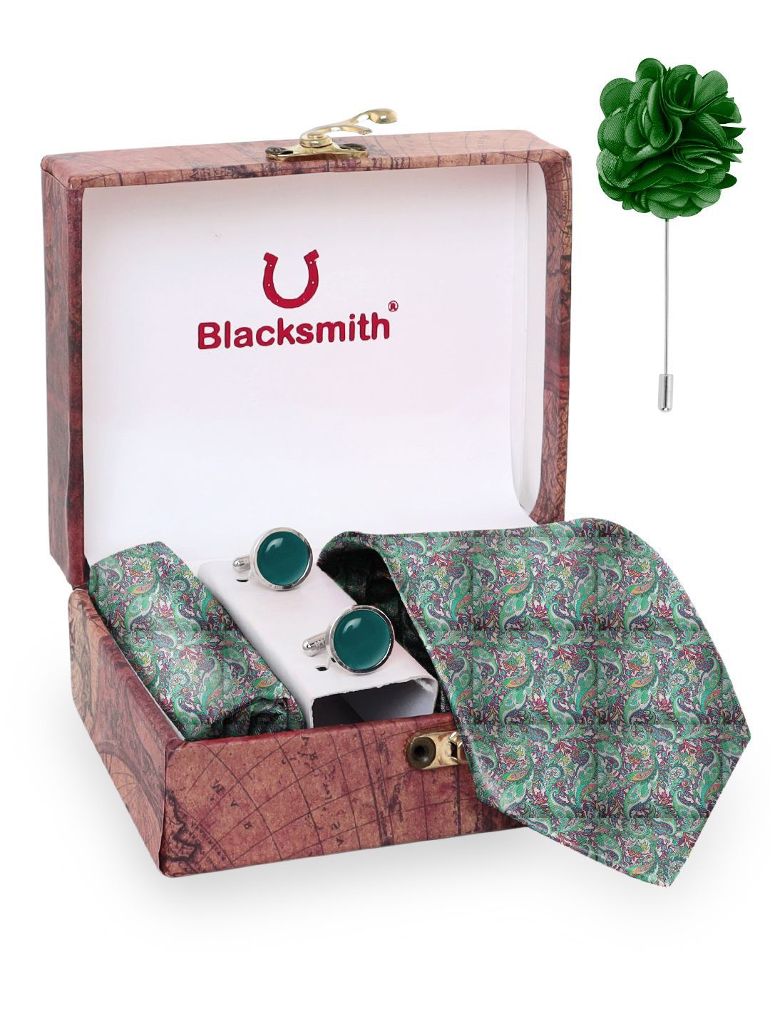 Blacksmith Men Green Accessory Gift Set Tie, Cufflinks, Pocket Square Comes with a box-picture-18