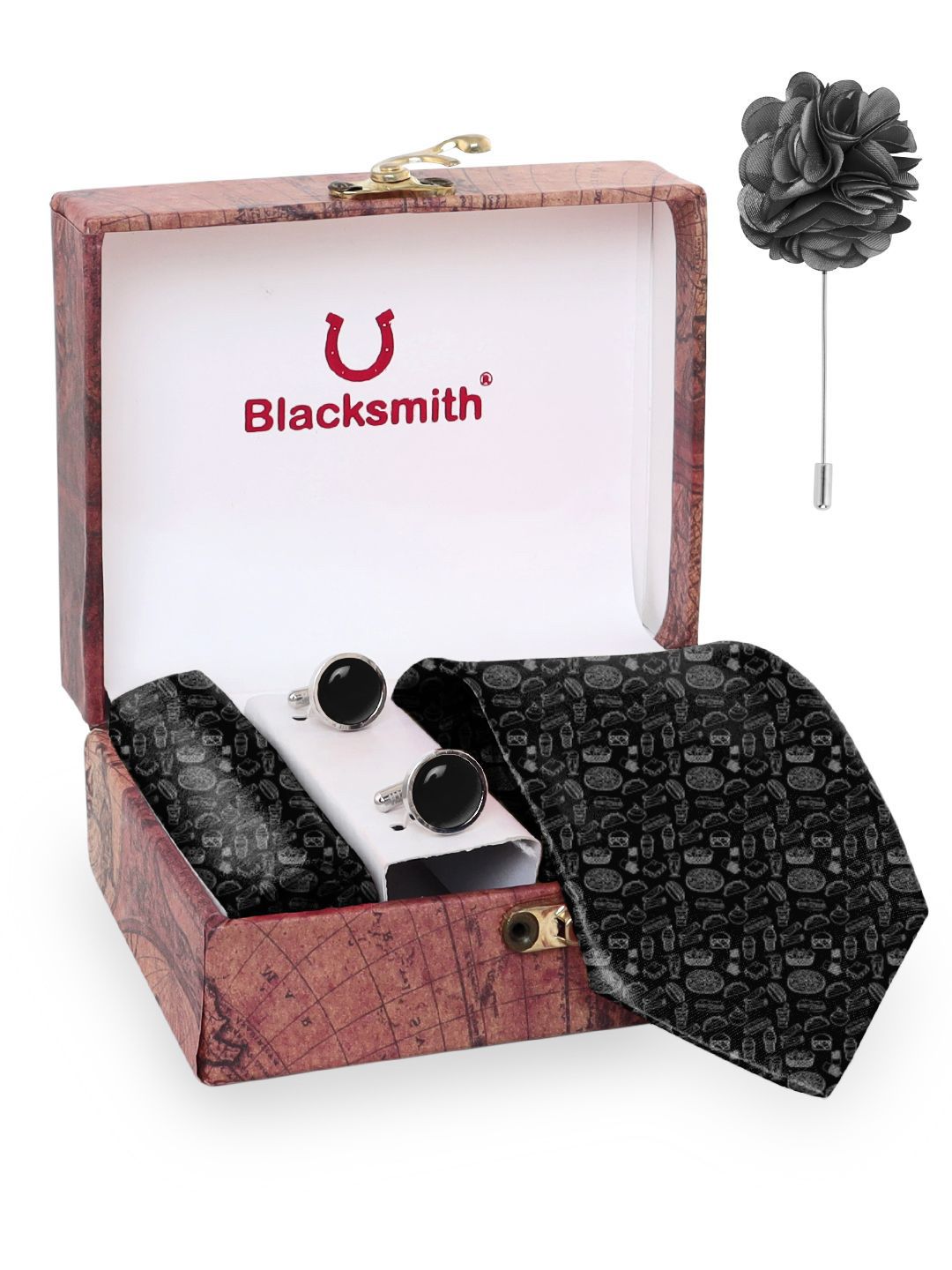 Blacksmith Men Black Tie Cufflinks Pocket Square Accessory Gift Set-picture-21