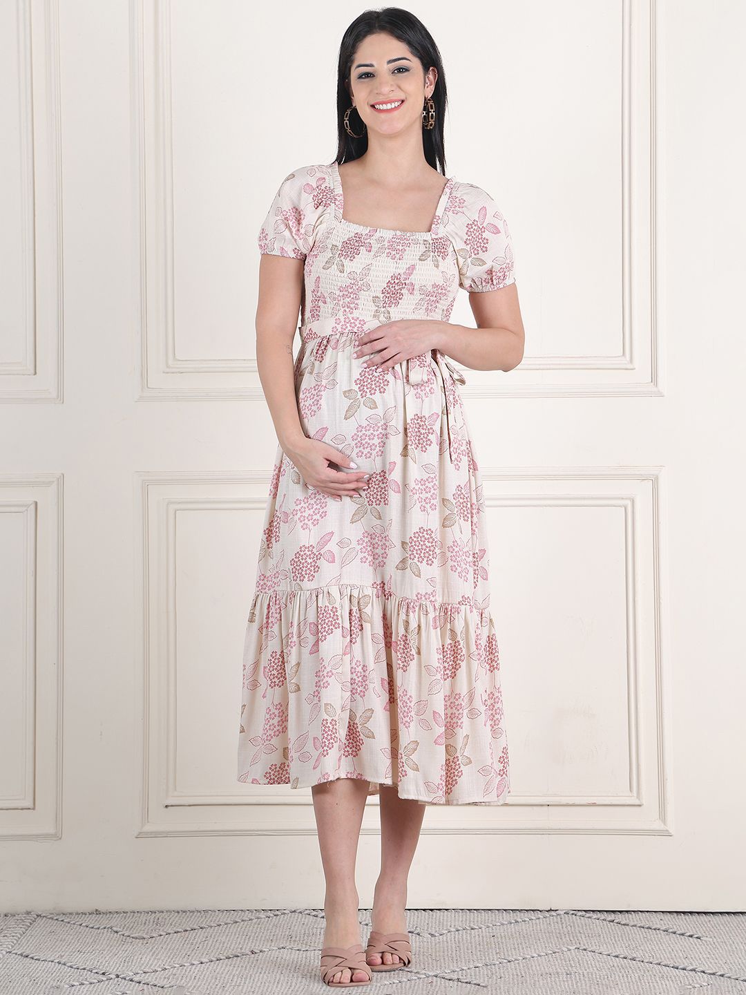 Moms Maternity Women Cotton Puff Sleeve Maternity Fit & Flare Midi Dress