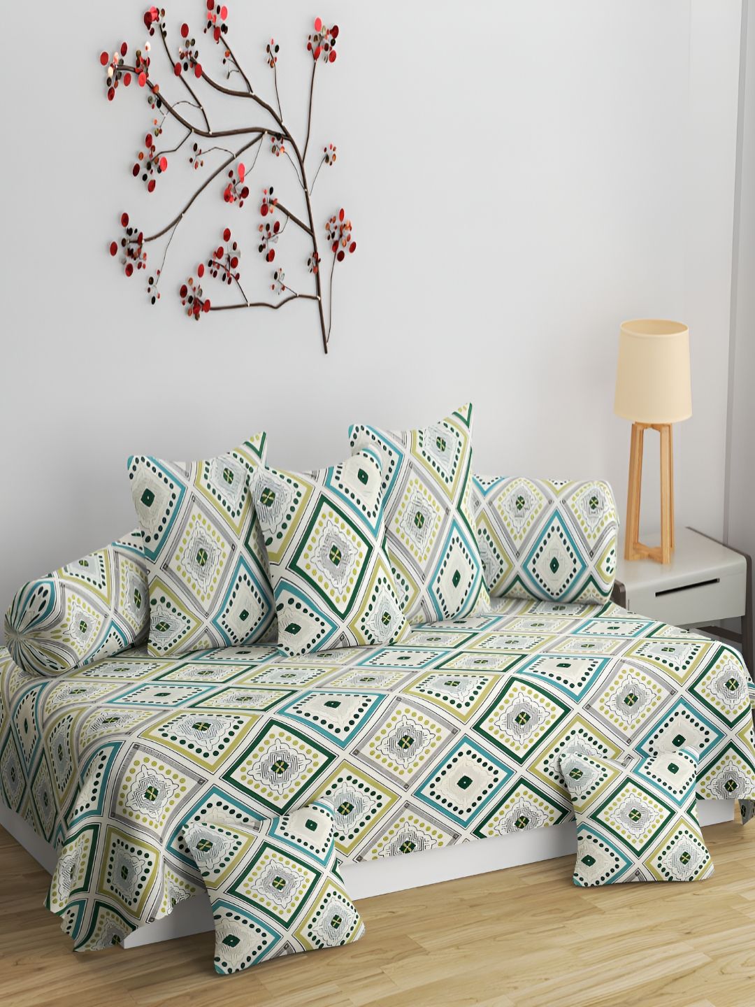 Bromwick Off White & Green Geometric Printed Diwan Set-image-21