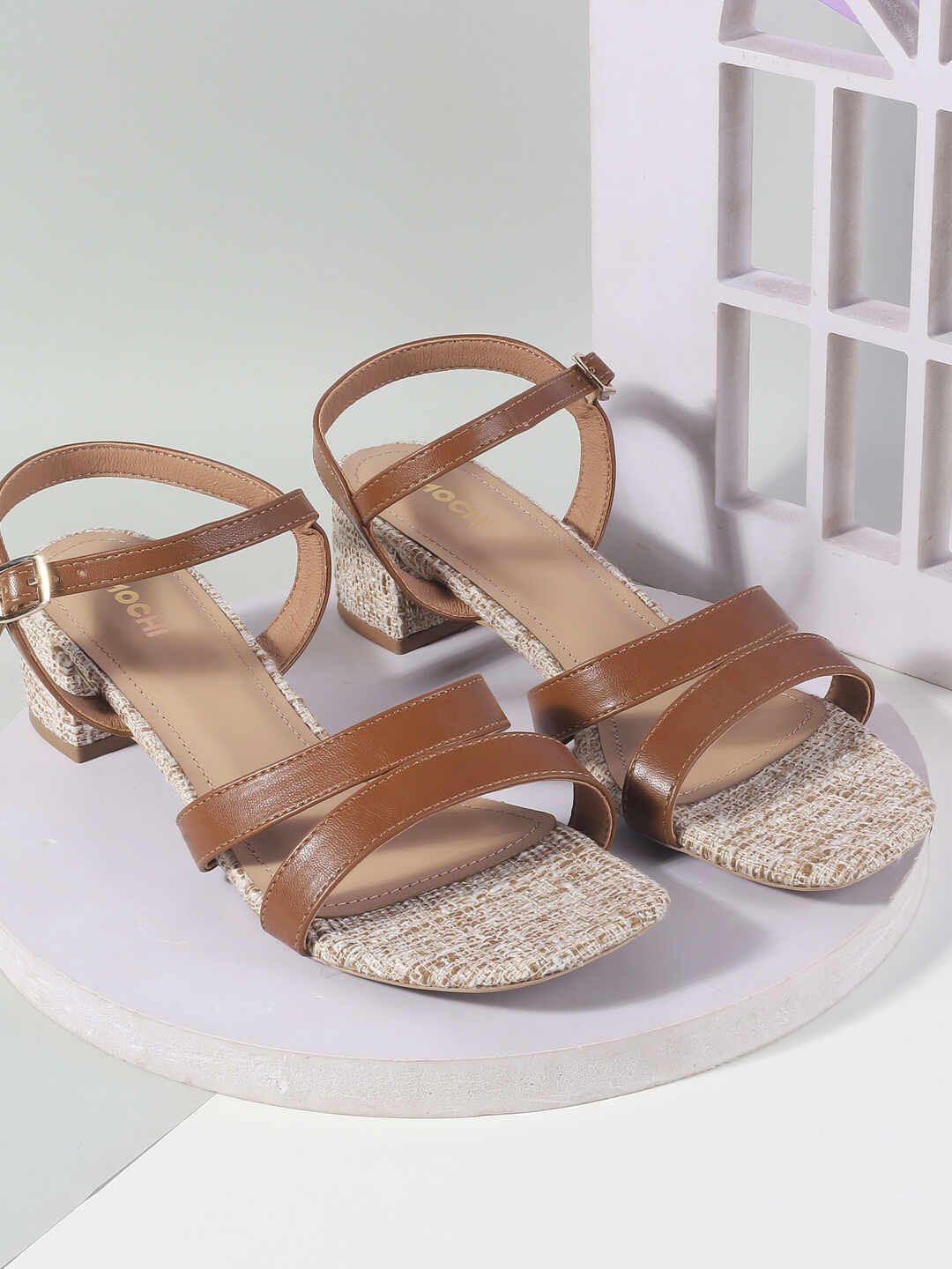 Mochi Women Woven Design Block Heel Sandals with Buckles-picture-45