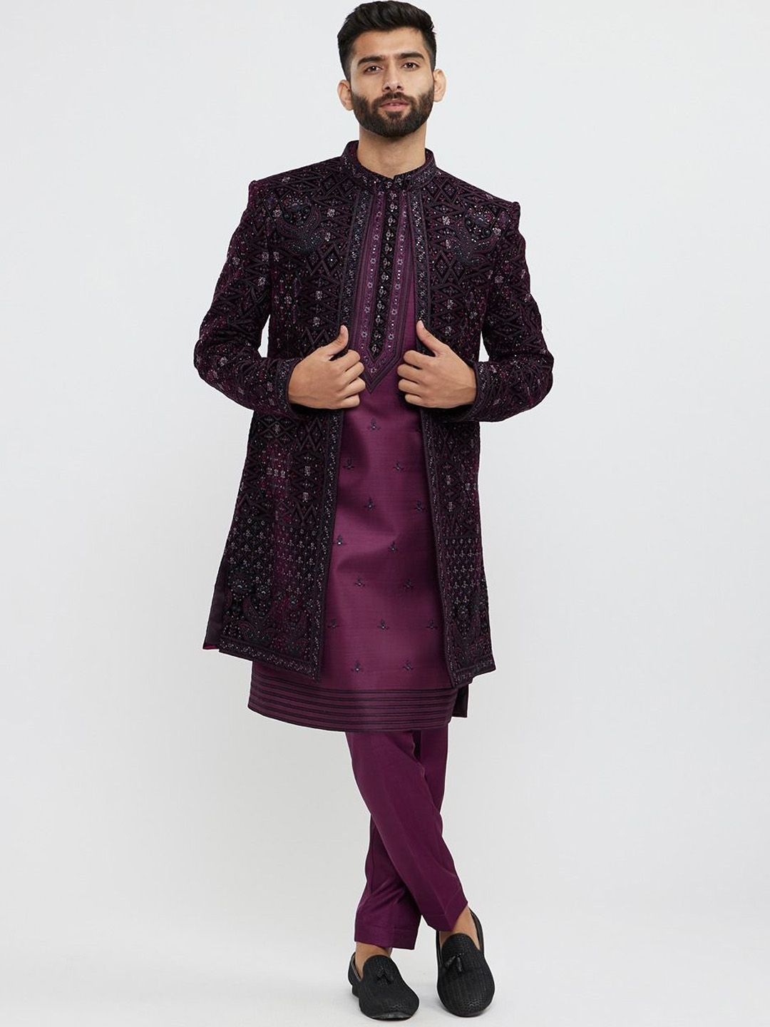 Twamev Wine Embroidered Thread Work Mandarin Collar Velvet Indo Western Sherwani Set-picture-10