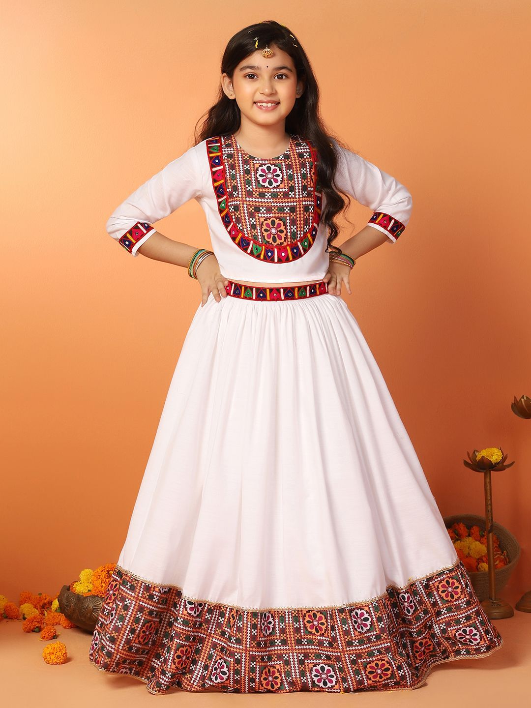 BAESD Girls Printed Mirror Work Ready to Wear Lehenga &-picture-12