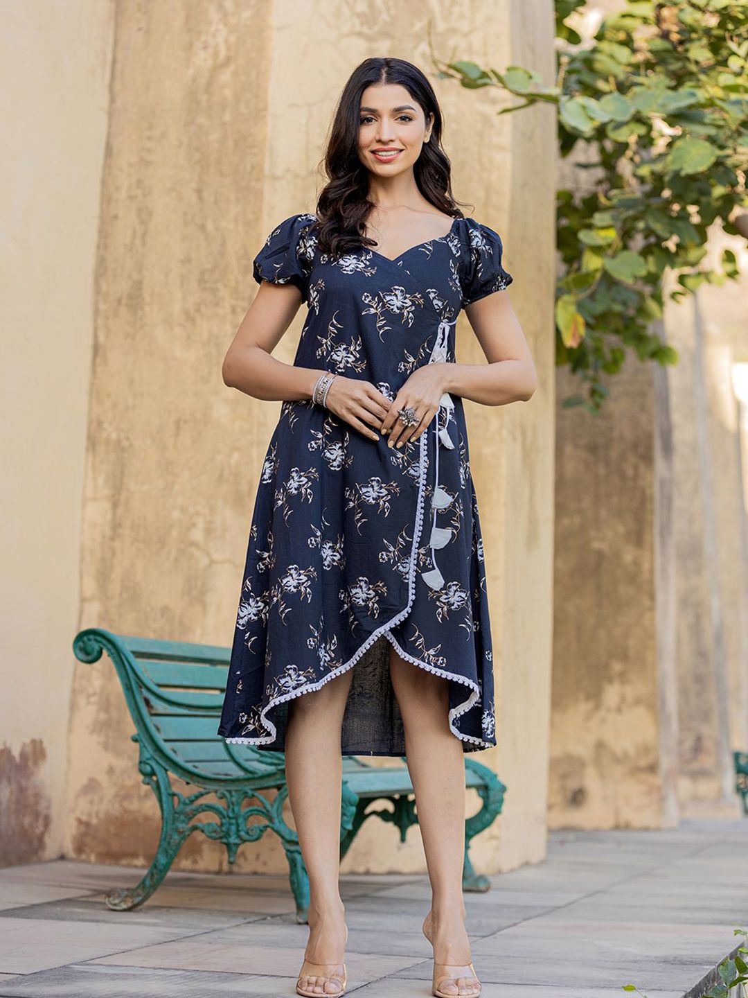 BAESD Pure Cotton Ethnic Motifs Printed Sweetheart Neck Puff Sleeves High-Low Wrap Dress-image-17