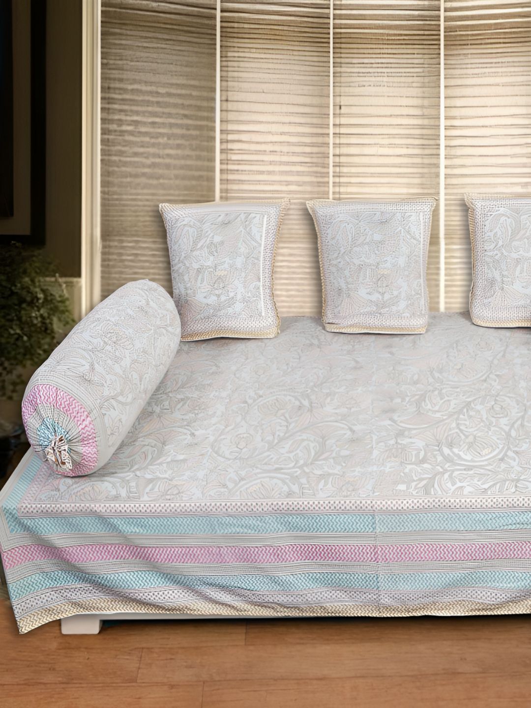 INDHOME LIFE Set Of 6 White & Blue Floral-PrintedDiwanSet-picture-20