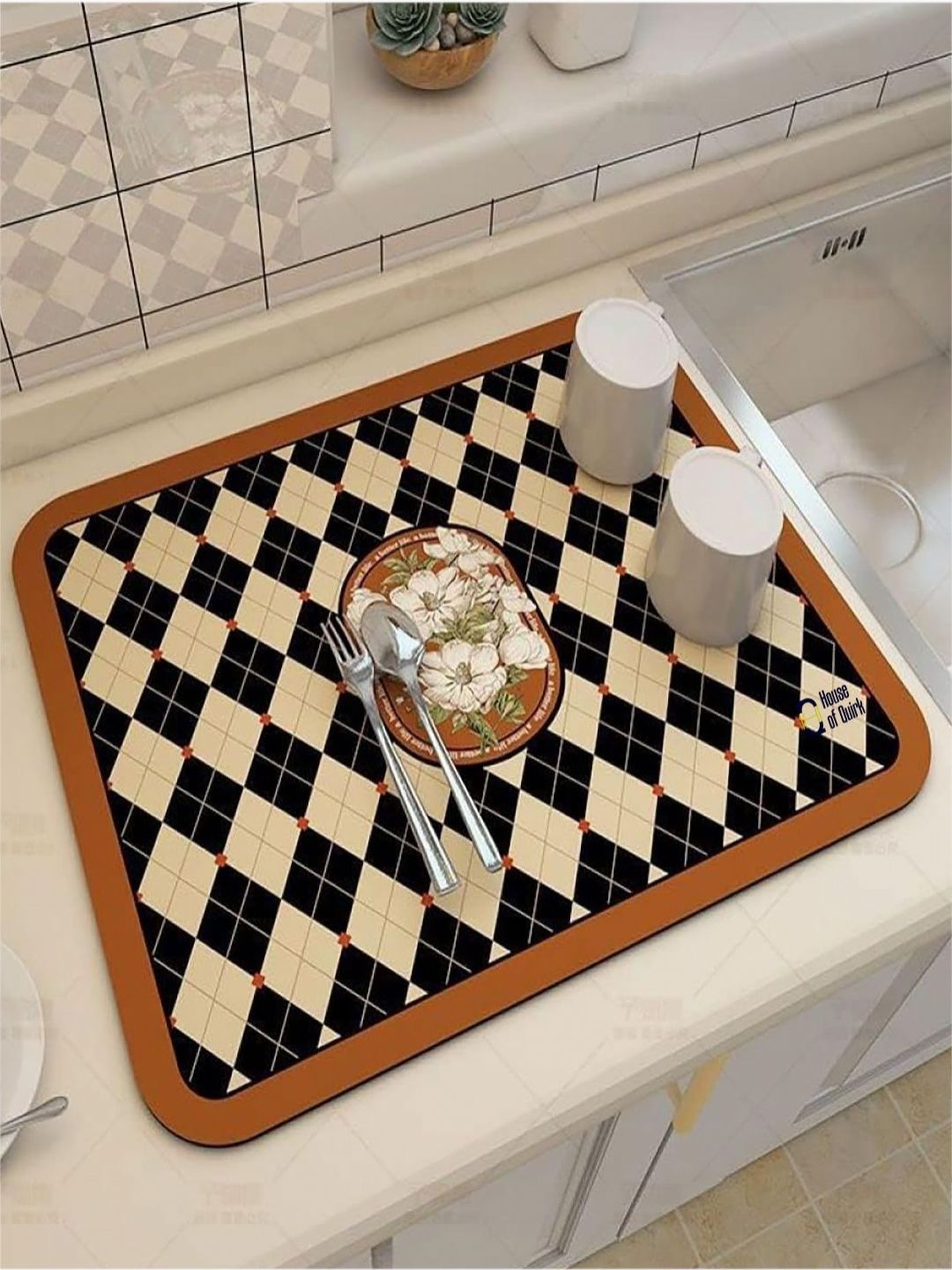 HOUSE OF QUIRK Brown & Black Printed Rectangular Kitchen Dish Drying Mat-picture-49